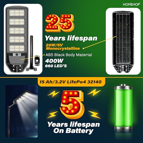Image of Homehop Solar Light Outdoor Home Garden Street Automatic 400W Night Lamp | Solar Street Light Outdoor 660 LED Waterproof Motion Sensor for Wall, Yard and Pathway with Pole (15000mAh, Cool White, ABS)