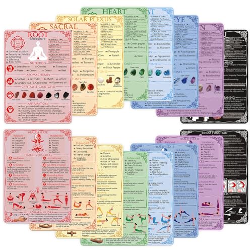 7 Chakra Cards &1Hidden Chakra Cheat Sheet Cards with Crystals Quick Reference Guides, Food Therapy,Meditations,Affirmations,Aromatherapy,Yoga Poses,Mudras - 5.2" x 7.2" 2-Sided Waterproof Cards