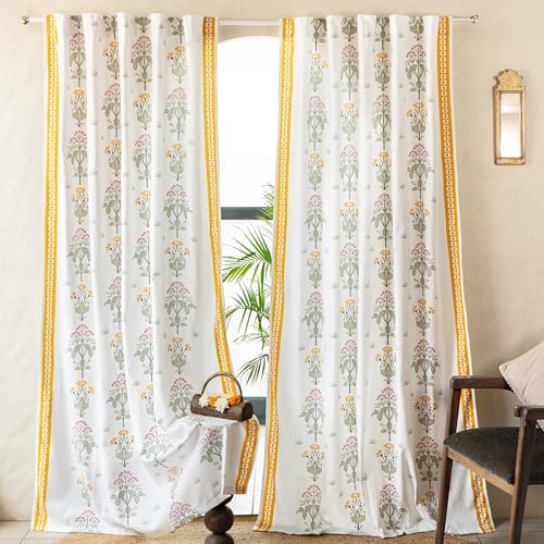 Image of Tranquebar Curtain Co. Window Curtains 6 Feet, 60-65% Room Darkening, Yellow Floral Print, Cotton Curtains for Window, Cotton Curtains 6 Feet Long Set of 2, BackTabs, Latha (183 cm) - Set of 2