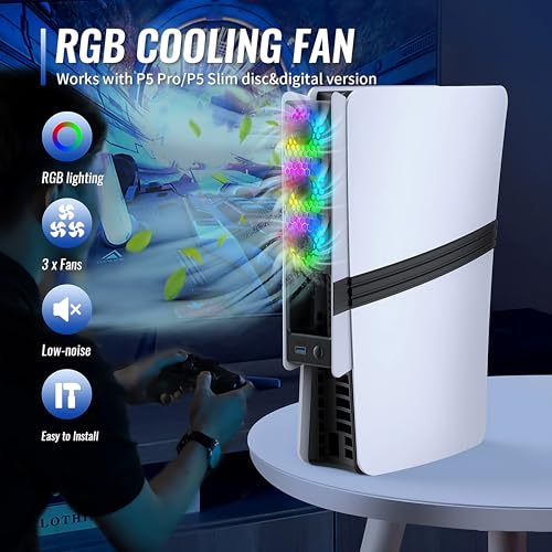 Image of Cooling Fan for PlayStation 5 (Slim /Pro, Disc & Digital) - Ultra-Quiet 3-Speed, USB 3.0 Pass-Through, Dynamic RGB - Black