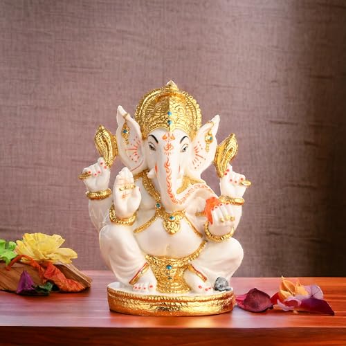 Image of Creating Ambiance Polyresin Marble Ganesh Idol, Vinayaka Statue | Auspicious Ganpati Murti For Living Room & Home Decor - Ganesh Idol For Diwali - Gold & White (7.5 Inches)