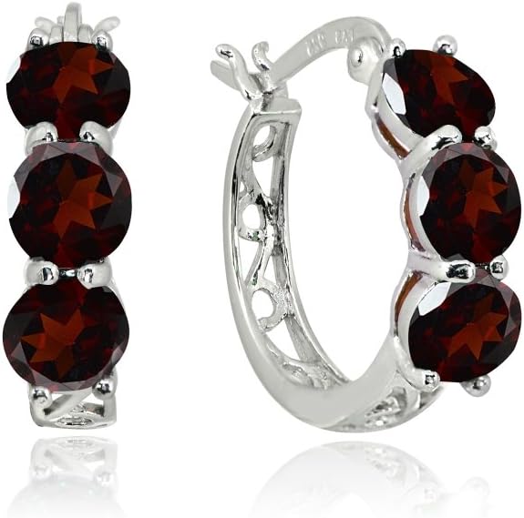 "Sterling Silver Hoop Earrings, Birthstone Earrings, 3-Stone Filigree Round Hoops, Genuine or Synthetic Gemstone Earrings, Huggie Earrings for Women, Fashion Earrings, Hoops Earrings for Women"