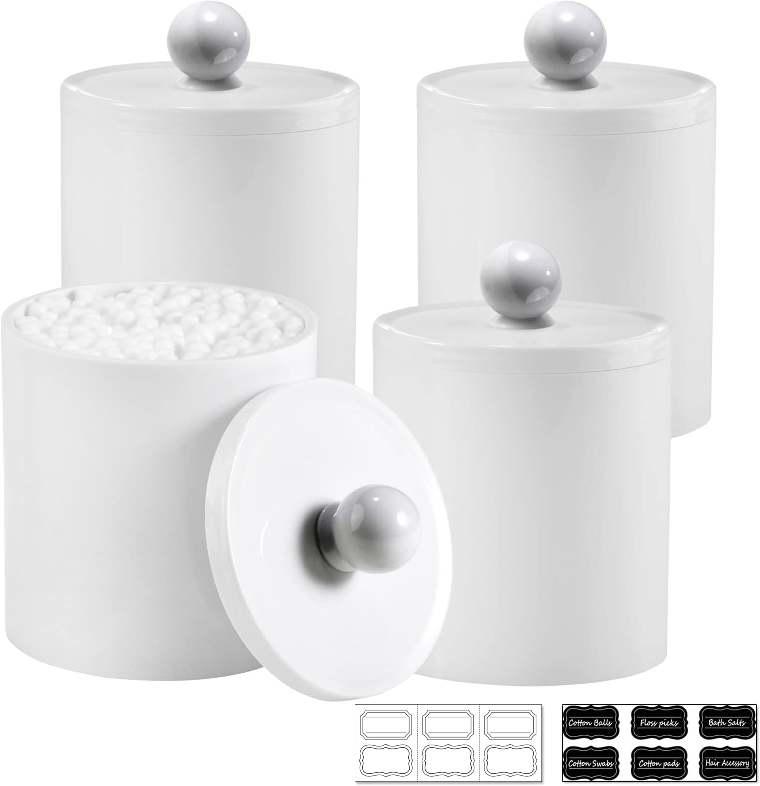 Plastic Acrylic Bathroom Vanity Countertop Canister Jars with Storage Lid, Apothecary Jars Qtip Holder Makeup Organizer for Cotton Balls,Swabs,Pads,Bath Salts (White, 4 Pack of 15 oz.)
