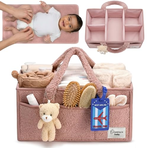 Image of OCEANEVO Fur Diaper Caddy Organizer Bag | WITH Diaper Changing Mat, Bag Charm and Luggage Tag | New Born Baby Essentials | For Mothers for Travel - 38 x 25 x 18 cm - Pink - 1 Year Warranty