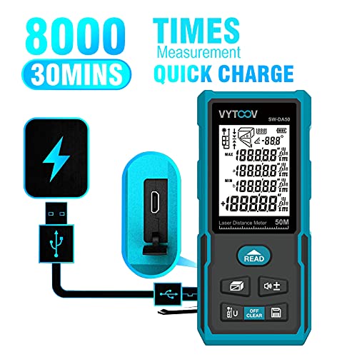 image for VYtoov Laser Measure Distance 165Ft 50M m/in/ft/ft+in Digital Angle Me