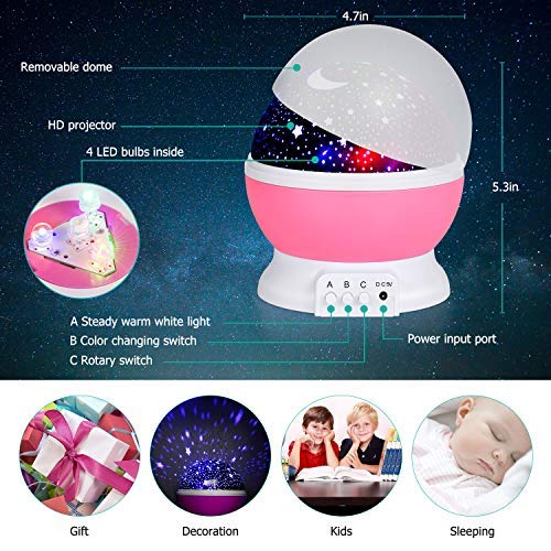 Projetor de luz noturna estrela, luzes de bebê com 4 lâmpadas de LED, 8 luzes que mudam de cor com c