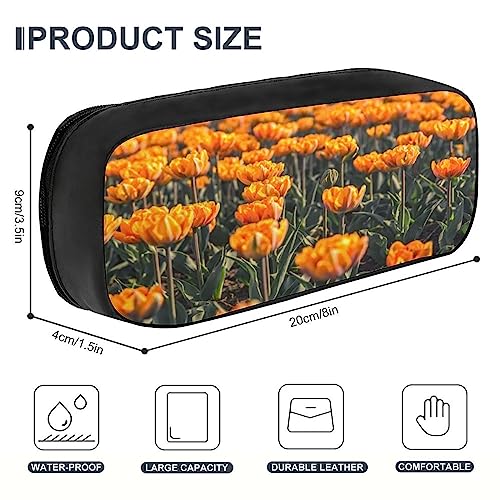 Fionel Field-Of-Orange-Flowers Pu Leather Quad Pen Case Zipper Pencil Pouch Holder For Pens Case Office Storage Box Organizer Pen Bag(8×1.5×3.5 In) #TOP1