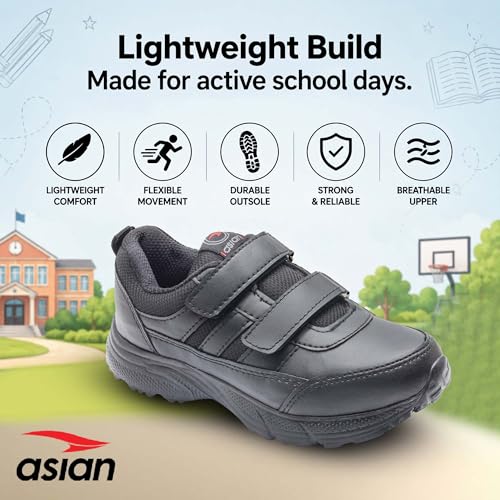 Image of ASIAN Expo-31 Hook n Loop School Shoes for Kids | Comfortable School Shoes for Boys & Girls with Easy Hook n Loop Closure, Soft Cushioning, Durable Upper & Steady Grip Sole