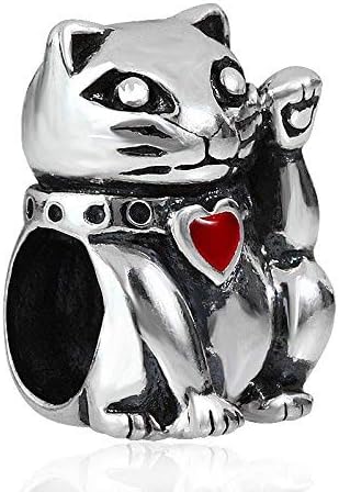 Good Luck Cat Charm with Red Heart 925 Sterling Silver Lucky Animal Bead for European Style Bracelet Jewelry