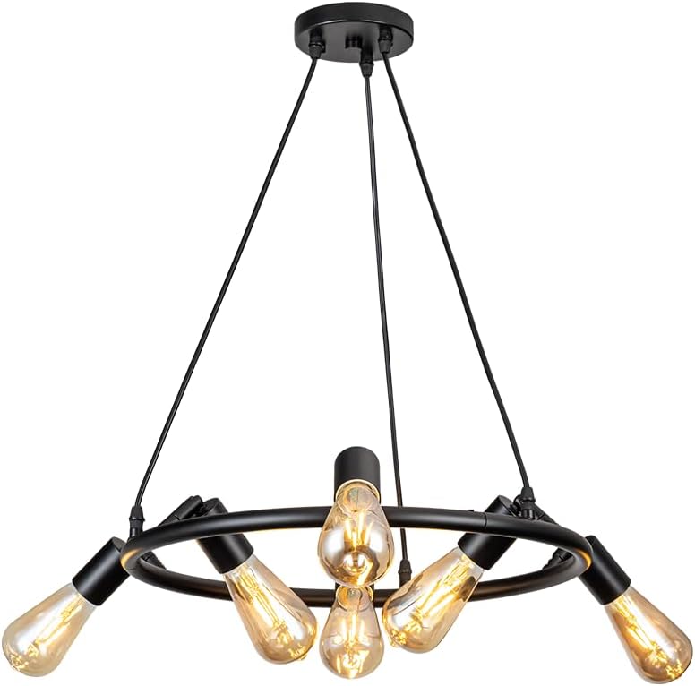 6-Light Wagon Wheel Farmhouse Chandelier - Modern Black