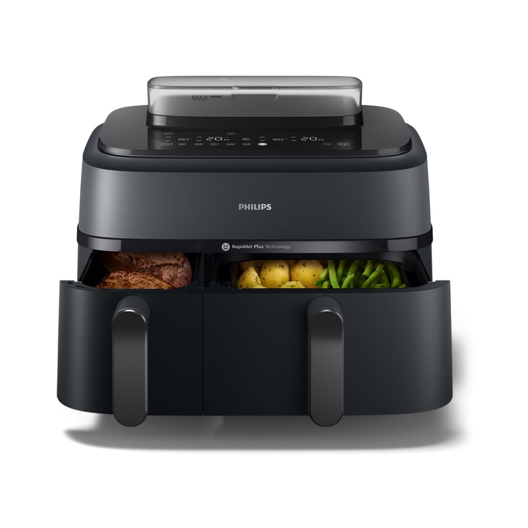 Philips Airfryer Serie 5000 Doppio Cestello con Vapore – Friggitrice ad aria da 9L, 19 modalità, 90% di grassi in meno, Tecnologia RapidAir Plus e AirSteam, Pulizia con il vapore, Accessori (NA550/00)