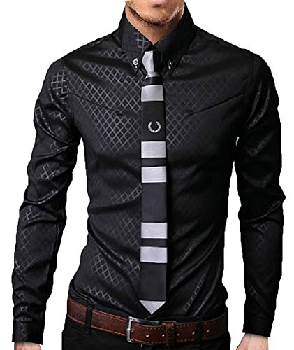 ワイシャツ メンズ 格子柄 カジュアル Yシャツ オフィス フォーマル ビジネス かっこいい スリム 長袖 おしゃれ (NAIL39) (ブラック 黒、M)