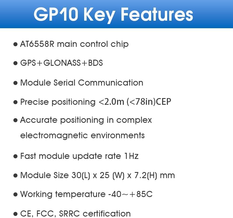 Image detailing GP10 Key Features including AT6558R chip, GPS+GLONASS+BDS, module serial communication, precise positioning, accurate positioning in complex environments, 1Hz update rate, module size, working temperature, and certifications.