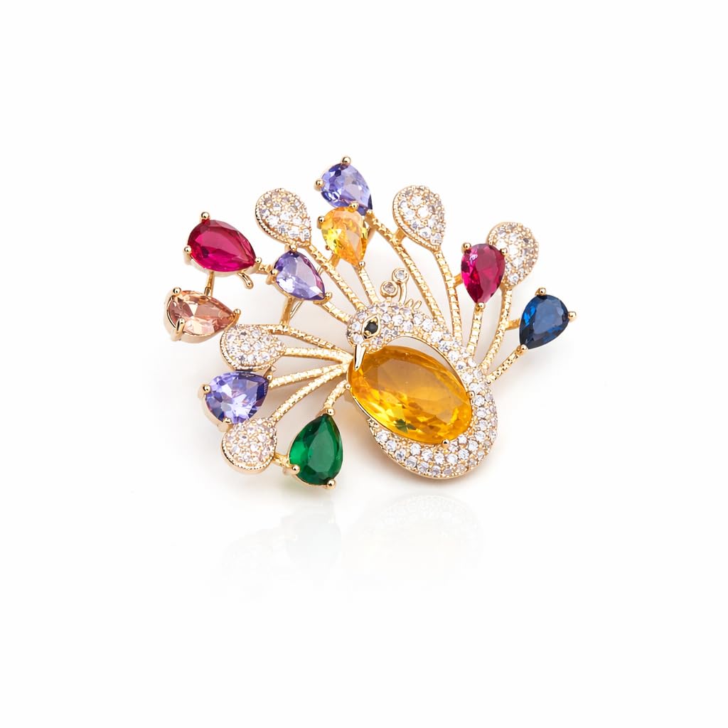 Gold Plated Peacock Design Brooch with American Diamonds Multicolor Stones Stainless Steel Women Pin-image-31