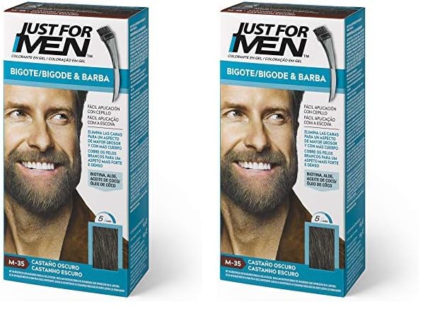Just for men Tinte Para Bigote Y Barba, Elimina Las Canas Para Una Apariencia Más Espesa Y Completa, Con Pincel Aplicador Incluido, Color Castaño Oscuro, M35 (Paquete de 2)