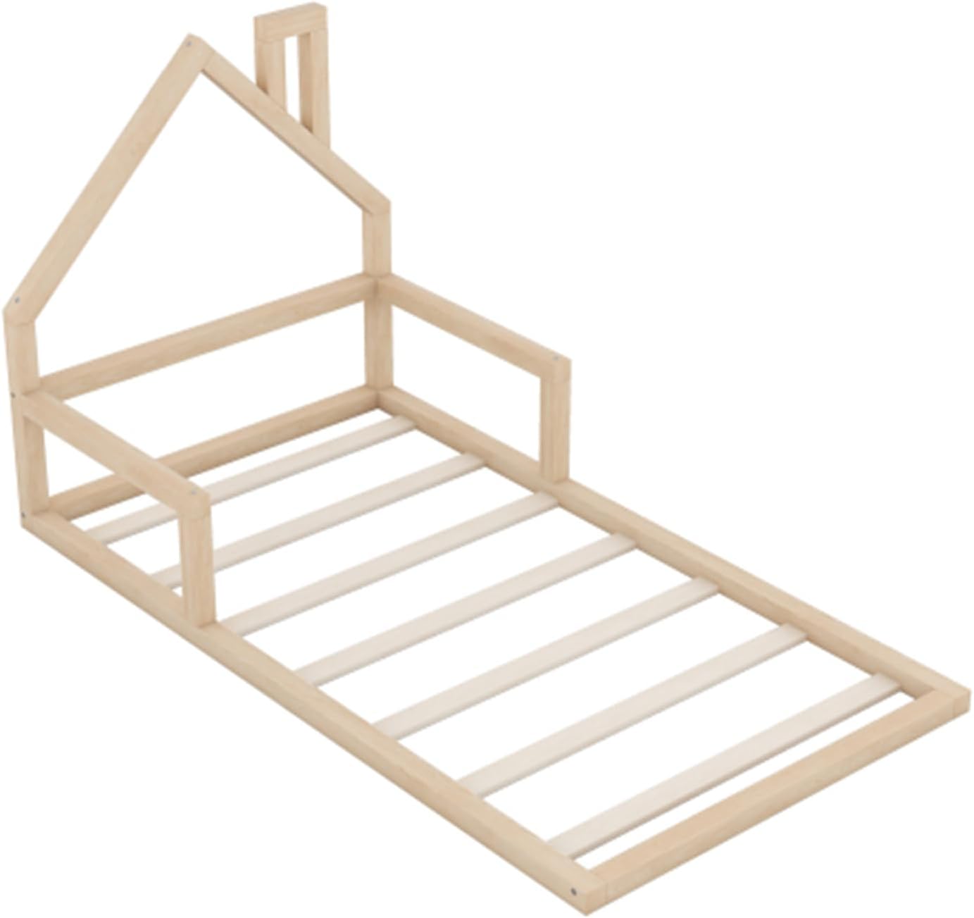 Simple Wooden Double Bed with House Chimney Shape headboard, Single Bed, Kids Bed Natural Color