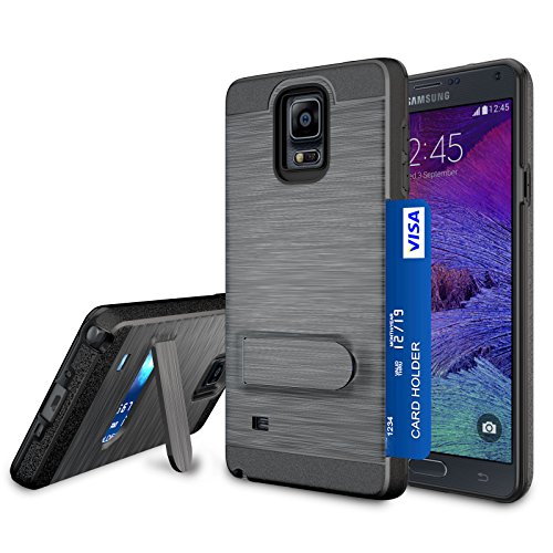 Galaxy Note 4 Case, Note 4 Card Holder Cover, Jeylly Black [Metal Satin] Card Holder with Kickstand Hybrid Dual Layer Hard Plastic + Soft TPU Drop Protection Case Cover for Samsung Galaxy Note 4 N910