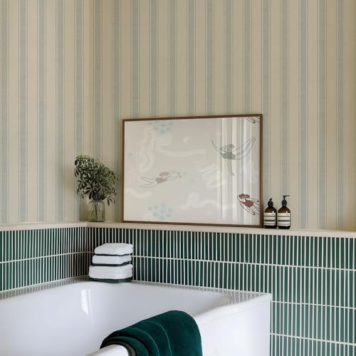 RollsRolla Beige Stripe Peel and Stick Fabric Canvas Wallpaper - Temporary Wallpaper for Accent Wall, Bathroom, Bedroom, Living Room (Blue)