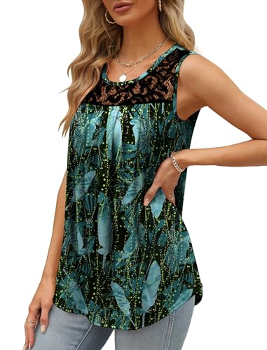 Image of Saloogoe Summer Tank Tops for Women Loose Fit Pleated Tunics Scoop Neck Sleeveless Lace Tops Curved Hem Flowy