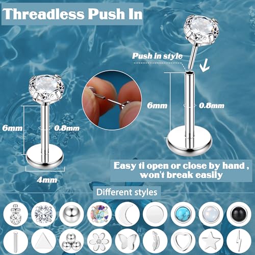 YADOCA 20G Threadless Flat Back Earrings for Women Men - Hypoallergenic Surgical Steel Push in Nose Stud Rings Labret Cartilage Lip Rings Medusa Nostril Conch Tragus Piercing Jewelry 18 Pairs2