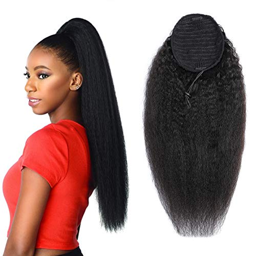 Clip on Ponytails for Women Human Hair Kinki Straight Ponytails Extensions 1B Natural Color 110g 14inch One Piece Wrap Ponytail Hair Piece (14, yaki)