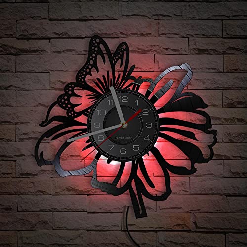 Smotly Orologio da parete in vinile, orologio analogico con motivo a farfalla e fiore, con telecomando luce notturna, orologio da parete abbellimento da parete regalo.
