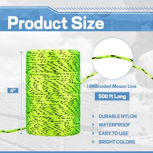 Amylove 6 Roll Mason String Line #18, 500 ft Nylon Braided Construction String Line, Heavy Duty Outdoor Twine Rope for Gardening or Masonry Tools Construction DIY Project, Fluorescent Yellow Black