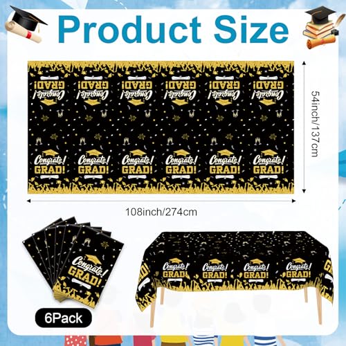 Image of 6 PCS Graduation Tablecloth, Graduation Decorations 2026, Black Gold Graduation Tablecloth Disposable, Plastic Congrats Grad Table Decoration for Class of 2026 Graduation Party Decorations, 108 inch X 54 inch