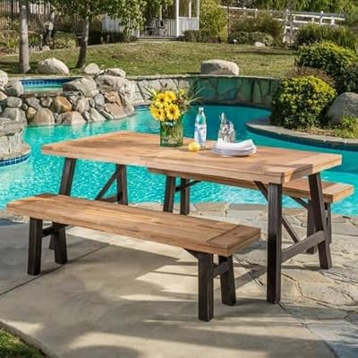 JOUUQZ 3-Piece Outdoor Dining Set with Slat Panel Table and 2 Benches, Solid Acacia Wood in Light Brown - Weather-Resistant Rustic Patio Furniture