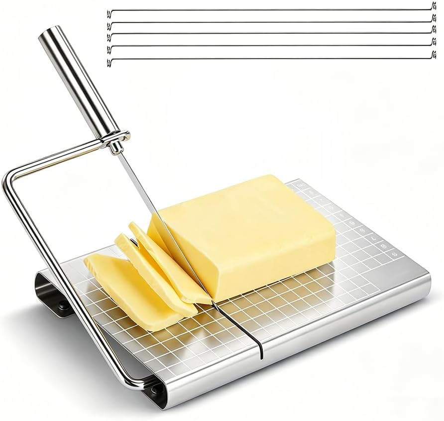Stainless Steel Cheese Slicer with Measuring Board, Adjustable Tightness Wire Cutter, Quick Replaceable Wires, Non-Slip Soap Slicer, Dishwasher Safe DIY Cutting Tool with Extra Wires (2 PCS)