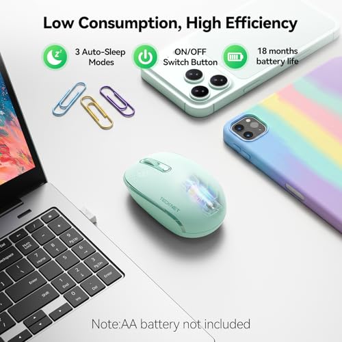 Image of TECKNET Compact Ambidextrous Wireless Mouse for Laptop Mint Green | 2.4G Quiet Computer Mouse with USB Receiver, 3 Adjustable DPI Portable Cordless Mice for Chromebook, Laptop, PC, Mac