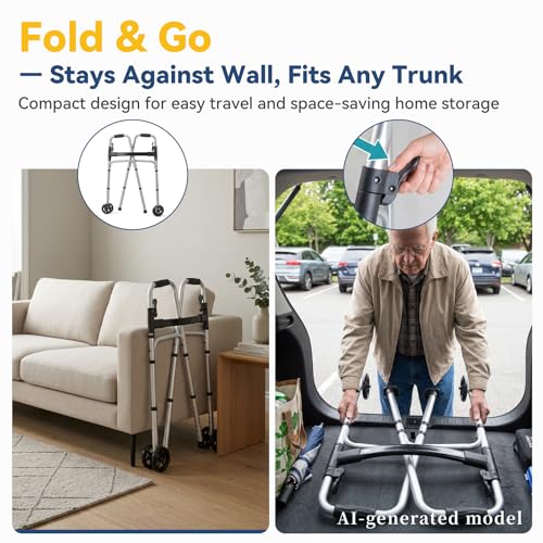 Image of Folding Walker for Seniors with Reflective Strip Basket for Seniors Elderly | Lightweight Aluminum Rolling Walker with 4 x 5 inch Front Wheels, Storage Bag & Ski Glides 8 Height Adjustments, 350lbs Capacity