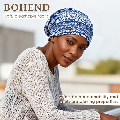 Image of Bohend Bohemian Beanie Hats Headwear Cap Stretch Non Slip Bandanas Sleep Turbans Hats for Women Men Close top Head Covering