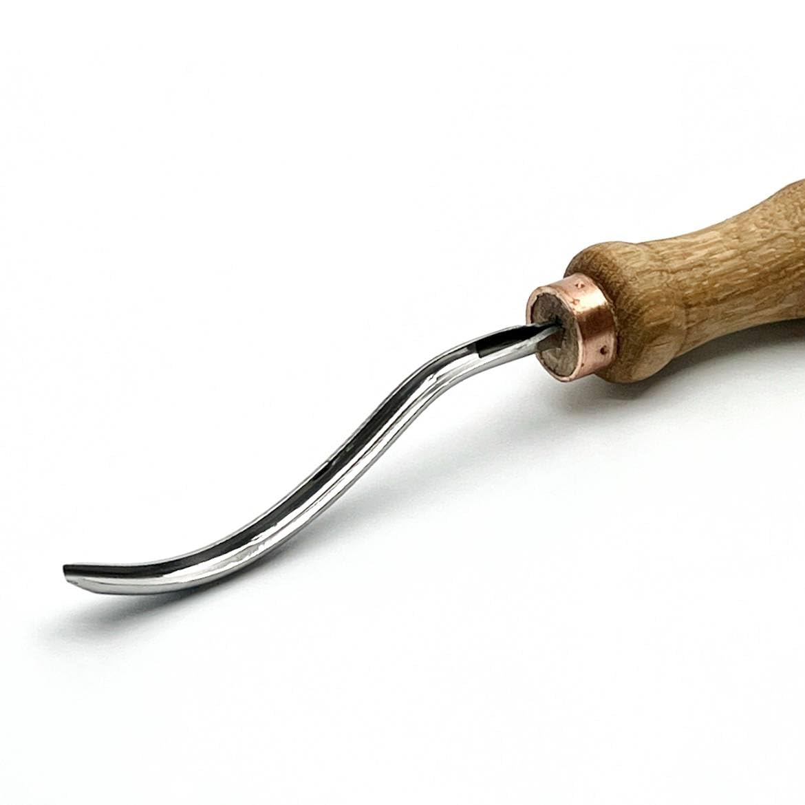STRYI Profesjonalne, długie, wygięte żelazko, ścieg 9,5 mm – ręcznie kuty dłuto do łyżek, misek, kuksów, płaskorzeźb – profil #9 – ergonomiczny uchwyt drewniany z dębu
