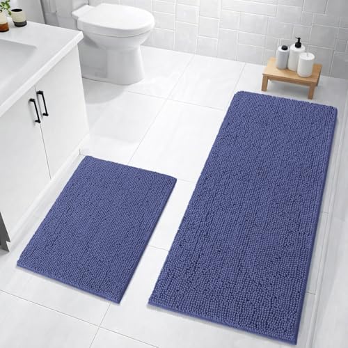 Image of LUXEHOME International Bath Mats for Bathroom Anti Slip Microfiber Chenille Super Absorbent Quick Dry Water Soak Floor Mat for Home Kitchen Door (40x60cm 60x120cm Navy) Pack of 2