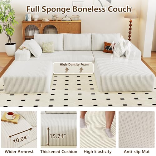 Image of 96 inch U-Shape Cloud Couch, Modern Modular Sectional L-Shape Sofa with Ottoman, Corduroy Upholstered Couches Deep Seat Sleeper Chaise Longue for Living Room, No Assembly Required(White, Right Facing)