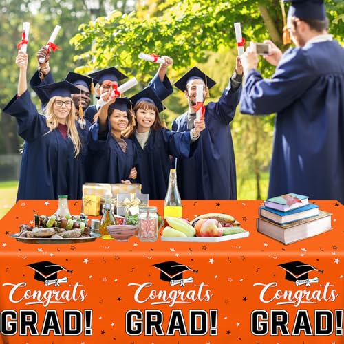Image of 2026 Graduation Decorations,Congrats Grad Tablecloth 2pcs White Orange Class of 2026 Table Covers Rectangle for Graduation Party Supplies,108x54inch (Orange)