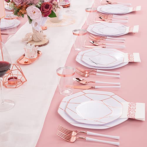 Wdf 20Guest Rose Gold Plastic Plates & Disposable Rose Gold Plastic Silverware With White Handle & Rose Gold Plastic Cups & Rose Gold Napkin- Rose Gold Plastic Dinnerware For Wedding &Mother's Day #TOP6
