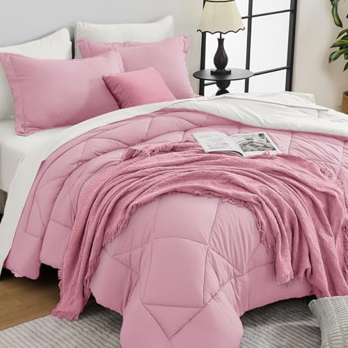 HEVUMYI Queen Comforter Set - 7-Piece All Season Bed in a Bag Queen, Ultra Soft Bedding Set with Comforter, Flat Sheet, Fitted Sheet, Pillowcases, Pillow Shams, Pink & Ivory