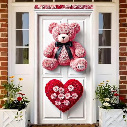 Image of Pink Rose Teddy Bear Love Heart Door Cover 35x70in Romantic