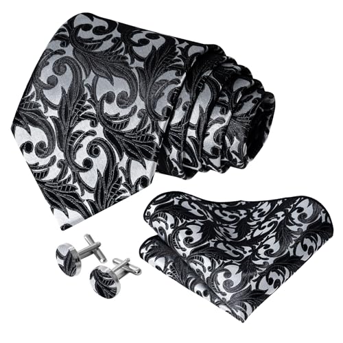 Image of 5PCS Mens Silk Designer Tie, Pocket Square, Cufflinks, Drilled Tie Ring and Lapel Pin Set for Wedding Groom Party
