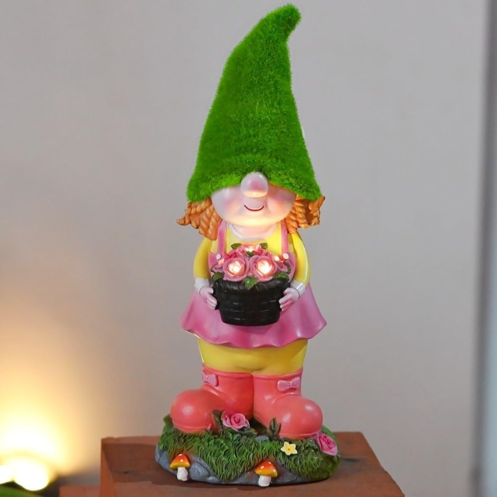 Statua per solare Gnomo Bambina 34cm Resina Impermeabile Statua