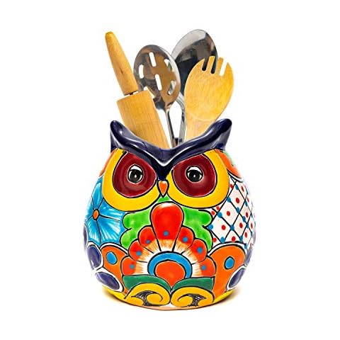 Enchanted Talavera Pottery Owl Ceramic Utensil Holder Canister Crock Flower Vase For Cooking Spoons Spatula Rolling Pin Knives Organized Counters Mexican Pot (Medium) Cover