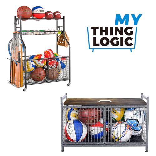 Mythinglogic Heavy-Duty Storage Bench for Garage,Sports Equipment Storage Organizer for Garage/Basement/Entryway,Ball Storage Bin (Medium)
