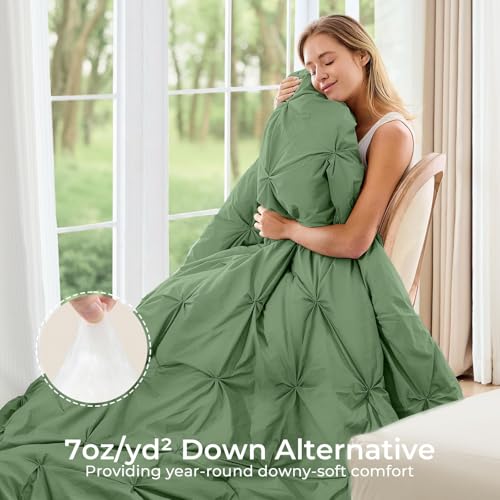 Image of Sasttie Twin Comforter Set, 5-Piece Bed in a Bag, Pintuck Bedding Sets for All Season, Includes Comforter, Flat Sheet, Fitted Sheet, Pillowcase and Pillowsham, Green