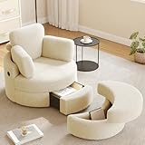 MEISSALIVVE Swivel Accent Chair with Half Moon Ottoman, Round Chairs with Drawer Storage for Living Room, 360° Barrel Chair with USB Charging Port (Teddy Fabric, Beige)
