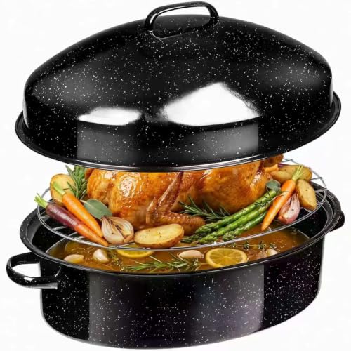19.3" Enamel Roasting Pan with Lid & Rack Oval Turkey Roaster Pan | Speckled Black Enamel Roaster, Large Capacity for Thanksgiving Turkey, Ham & Family Holiday Cooking - image 1