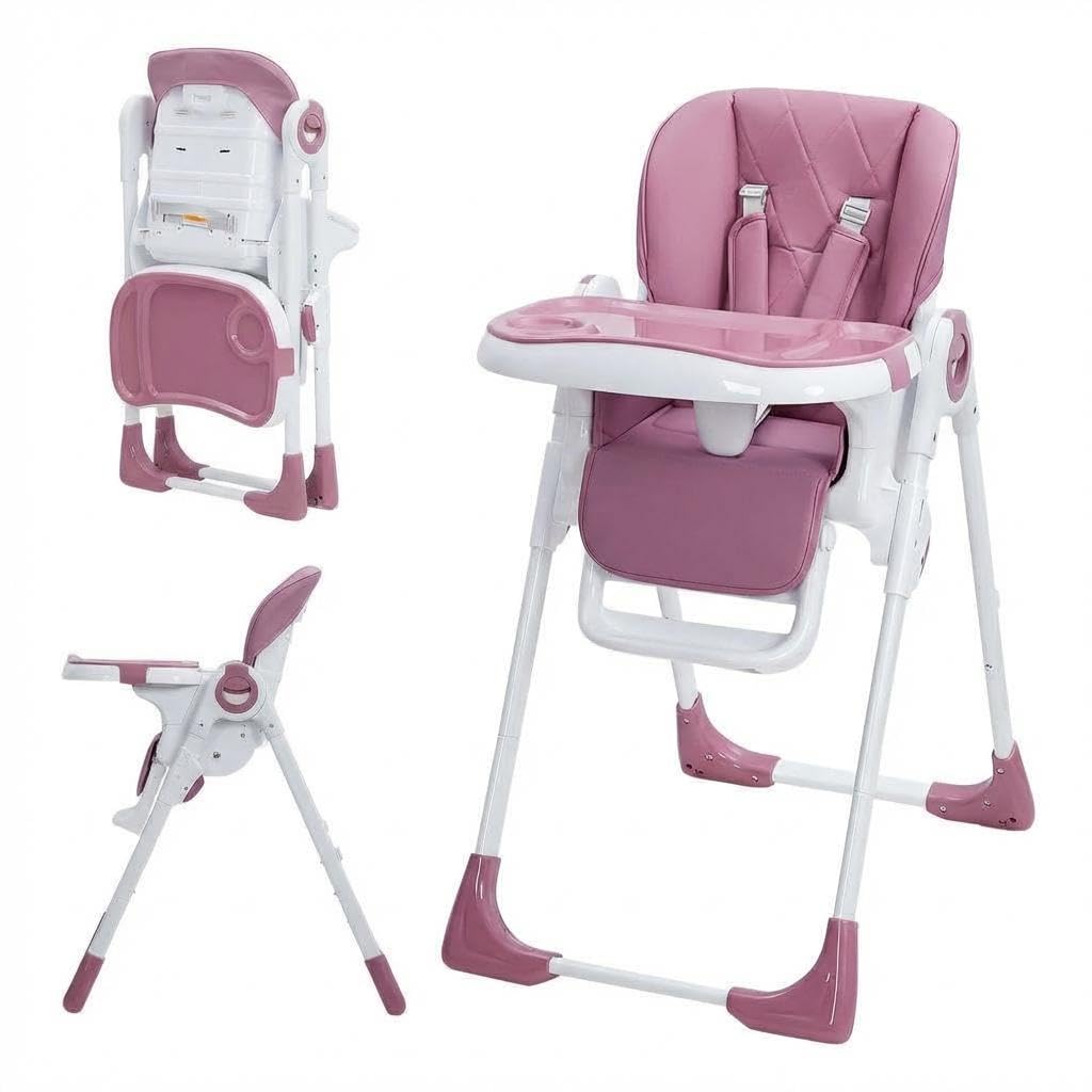 Baby High Chair, Adjustable Chair for Babies and Toddlers, Adjustable Reclining Highchair with Removable Tray, Foldable Rolling High Chair Easy to Clean Compact, for Baby Girl Boy, Lilac