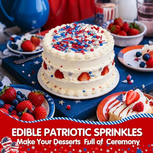 Image of Edible Patriotic Sprinkles for Cake Decorating,130g,July 4th Pearl Sprinkle for Baking Decorations,Blue Red and White Pearls Jimmies,Silver Star and Sugar Crystals Mix,Cookies,Ice Cream,Fondant Cake,Cupcakes,Desserts,Memorial Day,Flag Day,Juneteenth,Independence Day,4th of July Party Supplies