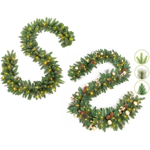 LIFEFAIR 9 FT by 12 Inch Christmas Garland + Garland with Pine Cones, Pre-lit Garland with 50 Warm Lights